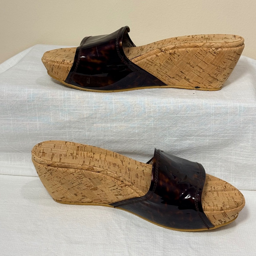 Stuart Weitzman Tortoise Patent‎ Cork Wedge Slide Sandals Women's Sz 8.5M Resort - Picture 12 of 15